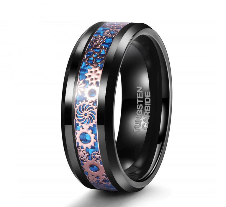 European And American Popular Avant-garde Men's 8mm Wide Inlaid Blue Carbon Fiber Gear Tungsten Ring