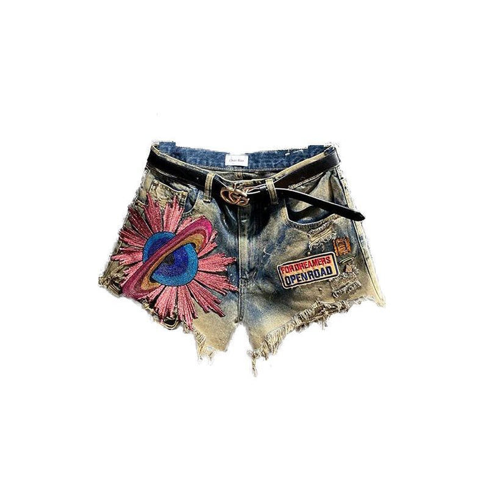 Embroidered Planet Shorts High-waisted Straight Denim Wide-leg Holes