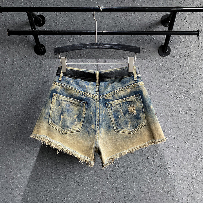 Embroidered Planet Shorts High-waisted Straight Denim Wide-leg Holes