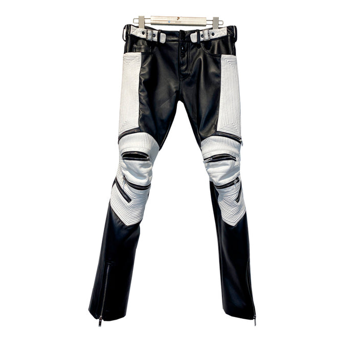 Tide Niche Casual Zipper Sheepskin Leather Slim Fit Pants Men Skinny Avant Garde Trousers