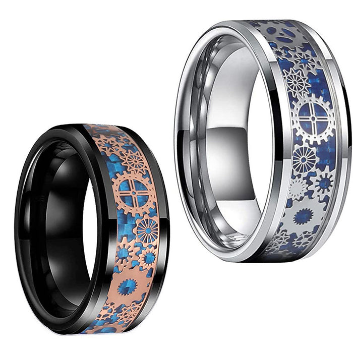 European And American Popular Avant-garde Men's 8mm Wide Inlaid Blue Carbon Fiber Gear Tungsten Ring