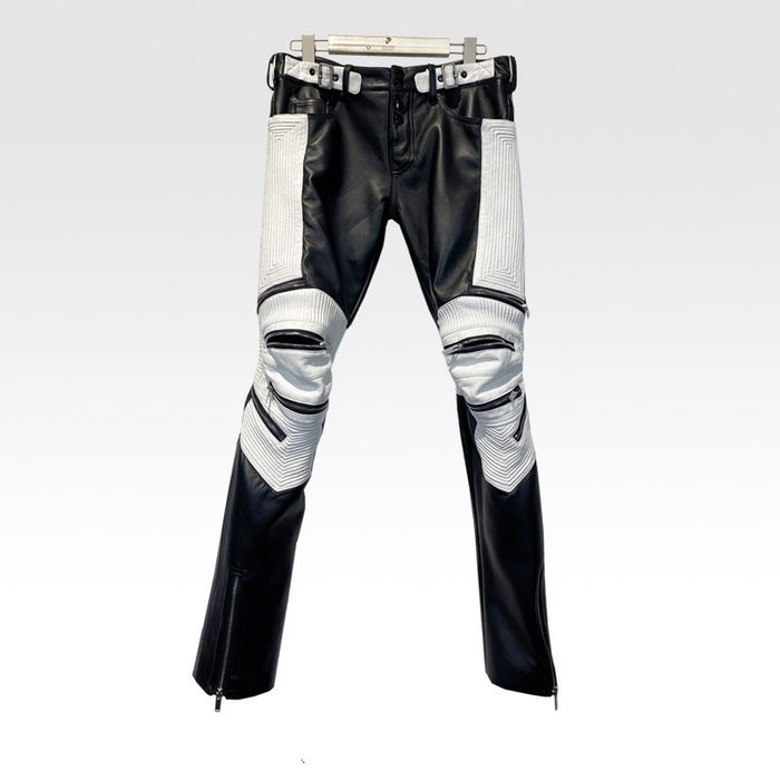 Tide Niche Casual Zipper Sheepskin Leather Slim Fit Pants Men Skinny Avant Garde Trousers