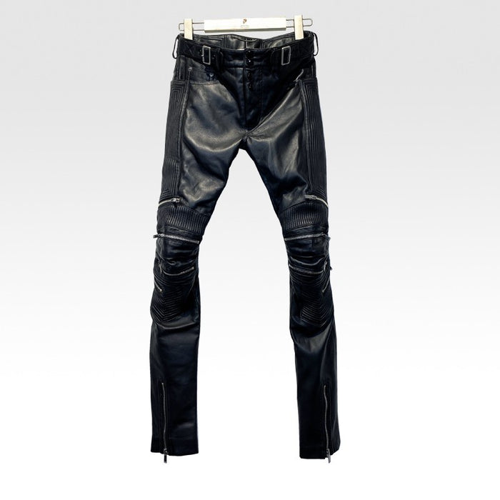 Tide Niche Casual Zipper Sheepskin Leather Slim Fit Pants Men Skinny Avant Garde Trousers