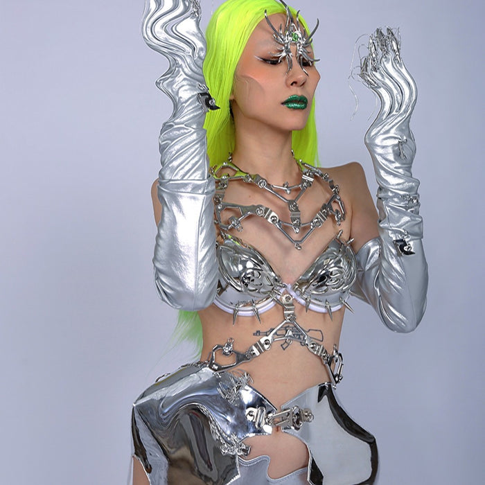 Punk Futuristic Silver Metallic Performance Suit